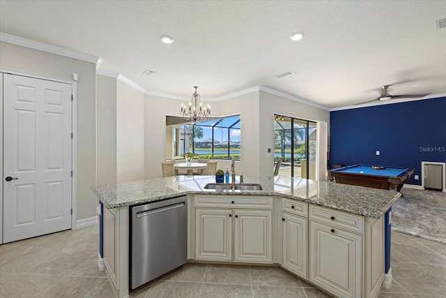 kitchen with dishwasher, an island with sink, pendant lighting, billiards, and light stone counters