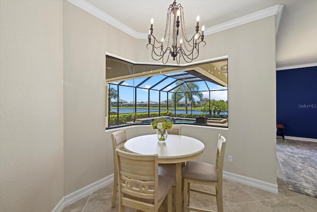 tiled dining room with crown molding and a notable chandelier