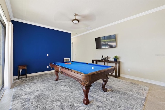 playroom with pool table, ornamental molding, light tile patterned floors, and ceiling fan