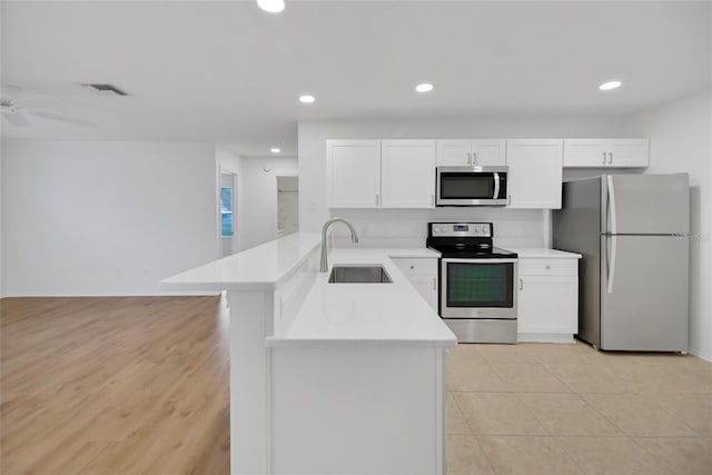 kitchen with white cabinetry, stainless steel appliances, sink, and kitchen peninsula