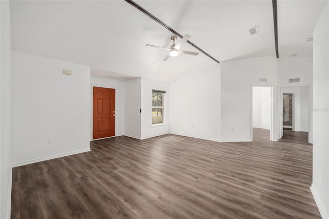 empty room with ceiling fan, a textured ceiling, high vaulted ceiling, and dark hardwood / wood-style flooring