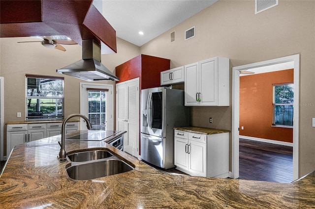 kitchen featuring white cabinetry, sink, ceiling fan, stainless steel fridge with ice dispenser, and dark hardwood / wood-style flooring