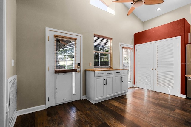 entryway featuring dark hardwood / wood-style flooring, high vaulted ceiling, a wealth of natural light, and ceiling fan