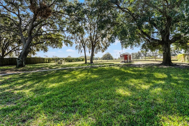 view of yard featuring a storage unit