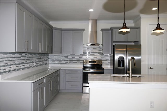 kitchen with pendant lighting, extractor fan, backsplash, and stainless steel appliances