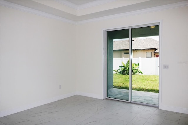 unfurnished room with crown molding, marble finish floor, and baseboards