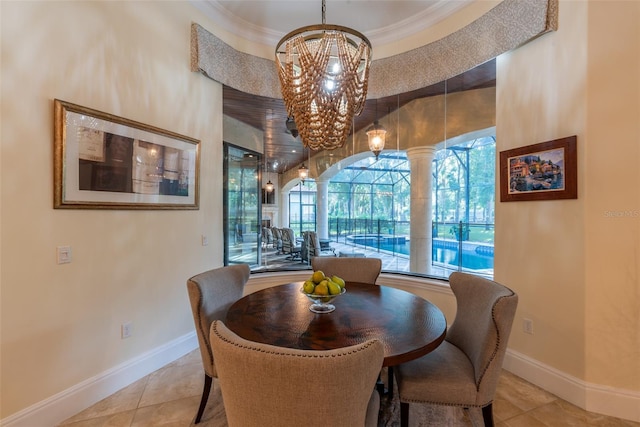 tiled dining room with crown molding