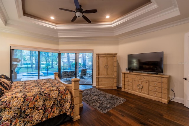 bedroom featuring access to outside, a raised ceiling, crown molding, ceiling fan, and dark hardwood / wood-style flooring