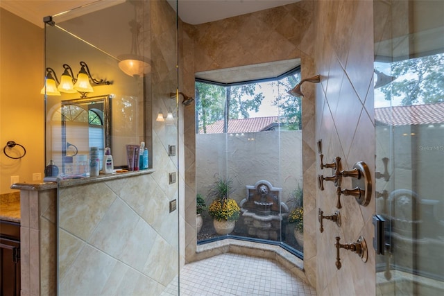 bathroom with vanity, tile patterned floors, a shower with shower door, and a healthy amount of sunlight