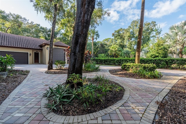 view of yard featuring a garage