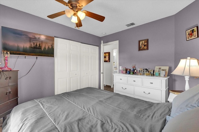 bedroom with ceiling fan and a closet