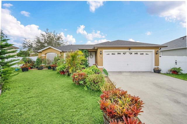 ranch-style home with a front yard and a garage