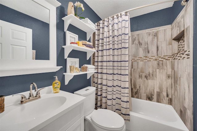 full bathroom featuring vanity, toilet, a textured ceiling, and shower / tub combo with curtain