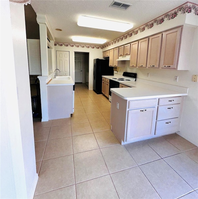 kitchen with sink, black fridge, kitchen peninsula, and white electric range oven