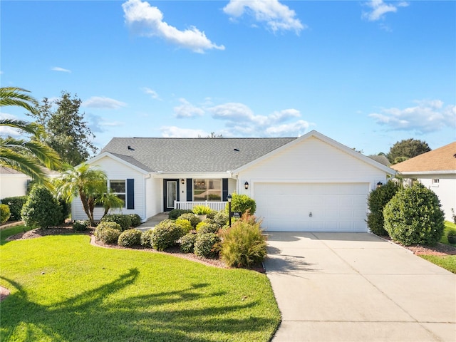 ranch-style house featuring a front lawn, covered porch, and a garage