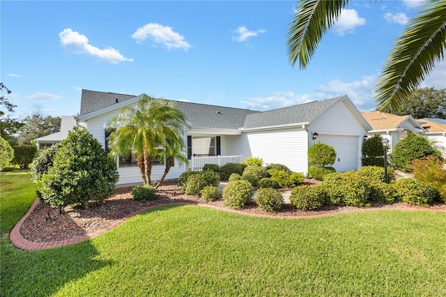 view of front of home with a front yard and a garage