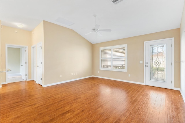 interior space with hardwood / wood-style floors, ceiling fan, and lofted ceiling