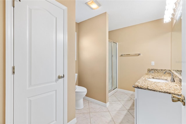 bathroom featuring tile patterned flooring, vanity, toilet, and an enclosed shower