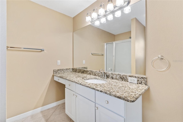 bathroom with tile patterned flooring, vanity, and a shower with shower door