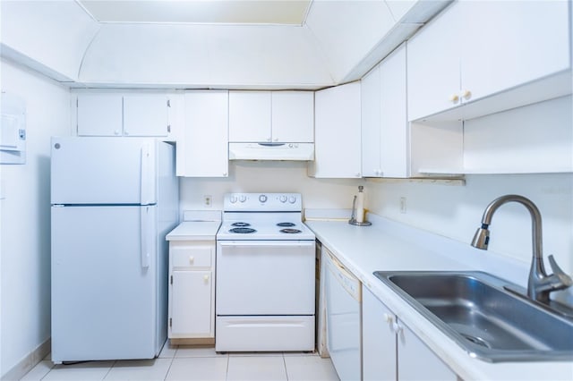 kitchen featuring white cabinets, white appliances, and sink