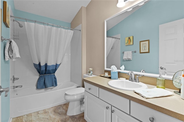 full bathroom with toilet, shower / tub combo with curtain, vanity, and tile patterned flooring