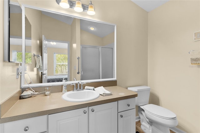 bathroom with vanity, lofted ceiling, toilet, and an enclosed shower