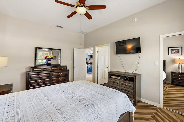 bedroom featuring dark parquet flooring and ceiling fan