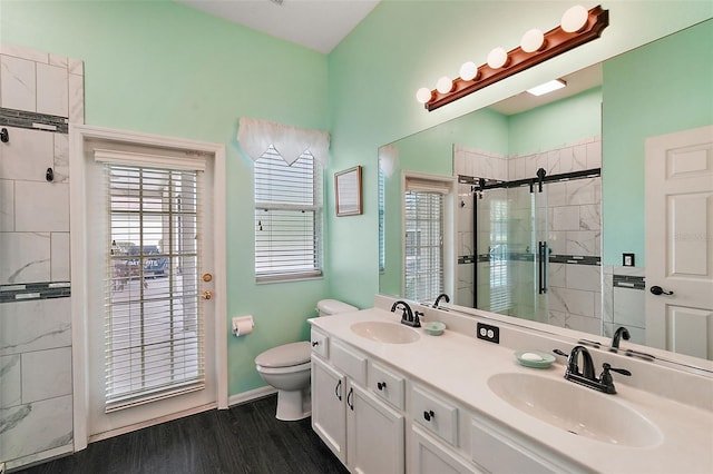 bathroom featuring vanity, wood-type flooring, a shower with shower door, and toilet