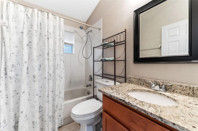 full bathroom with vanity, vaulted ceiling, shower / bath combination with curtain, and toilet