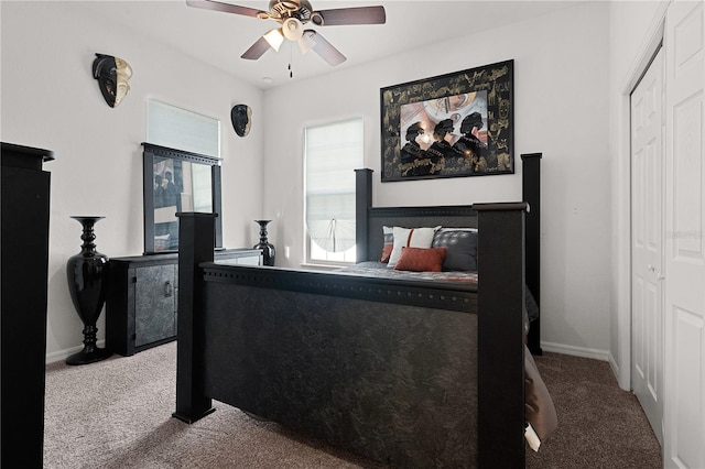 bedroom featuring carpet, a closet, and ceiling fan