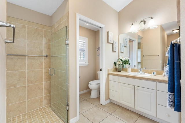 bathroom with vanity, an enclosed shower, toilet, and tile patterned flooring