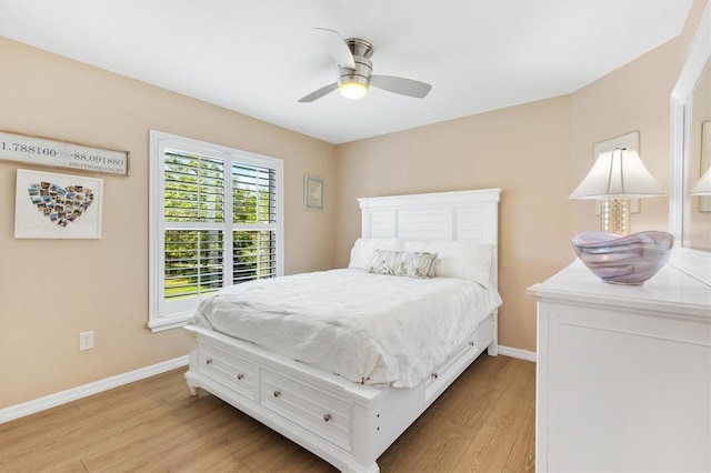 bedroom with ceiling fan and light wood-type flooring