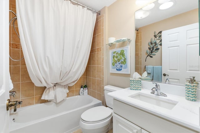 full bathroom featuring vanity, toilet, and shower / bathtub combination with curtain