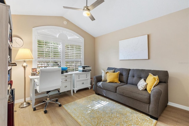 office area with ceiling fan, lofted ceiling, and light hardwood / wood-style floors