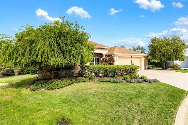 obstructed view of property featuring a front lawn and a garage