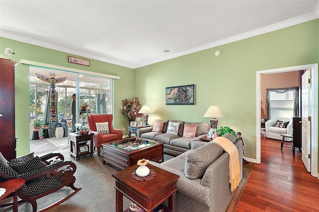 living room featuring hardwood / wood-style flooring and crown molding