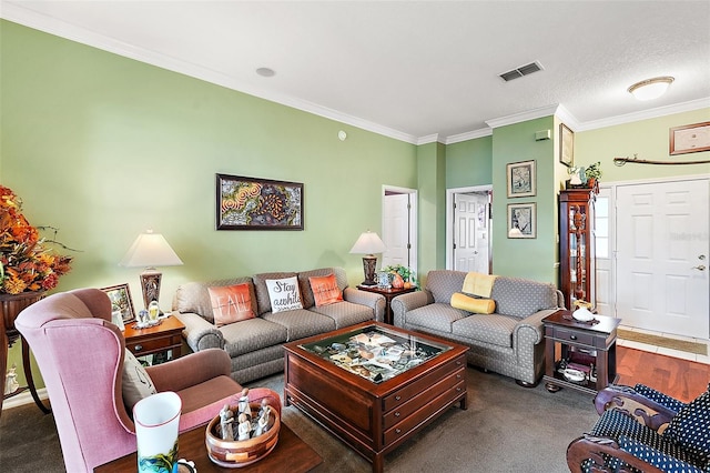 carpeted living room with crown molding