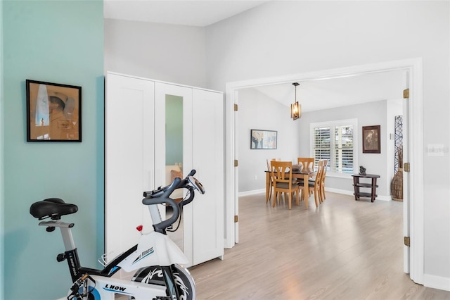 exercise area featuring light hardwood / wood-style floors and vaulted ceiling