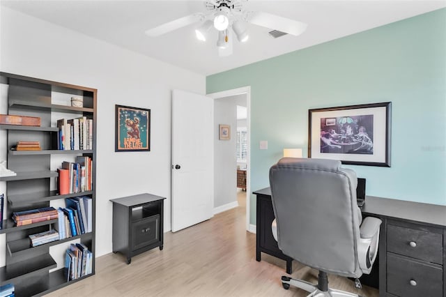 office space with ceiling fan and light hardwood / wood-style flooring