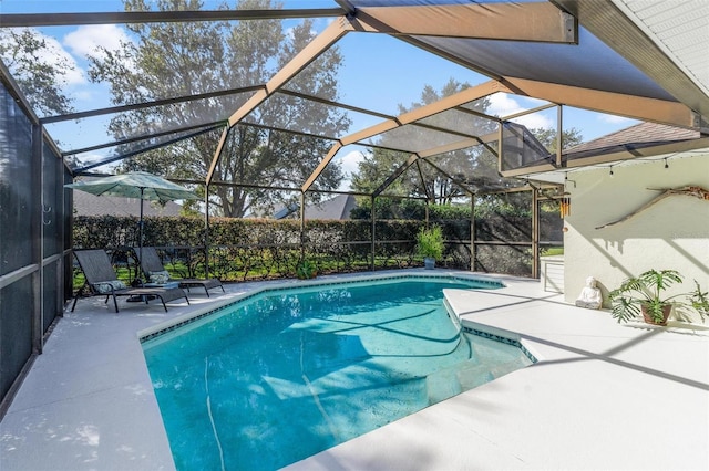 view of pool with a patio and glass enclosure