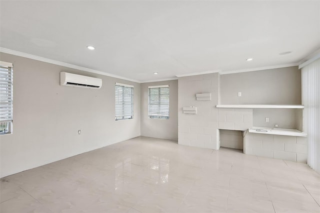 unfurnished living room featuring ornamental molding and a wall unit AC