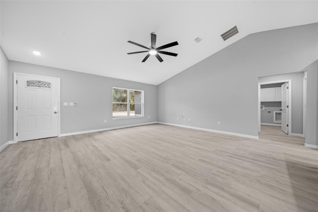 unfurnished living room with ceiling fan, lofted ceiling, and light hardwood / wood-style flooring