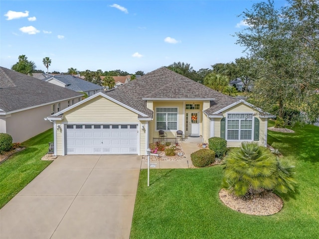 ranch-style house featuring a garage and a front lawn