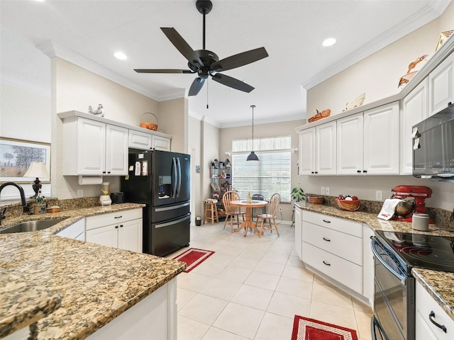 kitchen featuring black refrigerator with ice dispenser, stainless steel electric stove, sink, ornamental molding, and white cabinetry