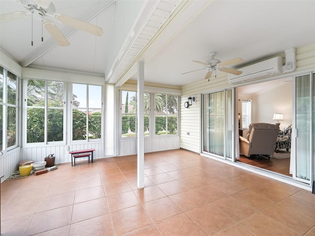 unfurnished sunroom with a wall unit AC, ceiling fan, and beam ceiling