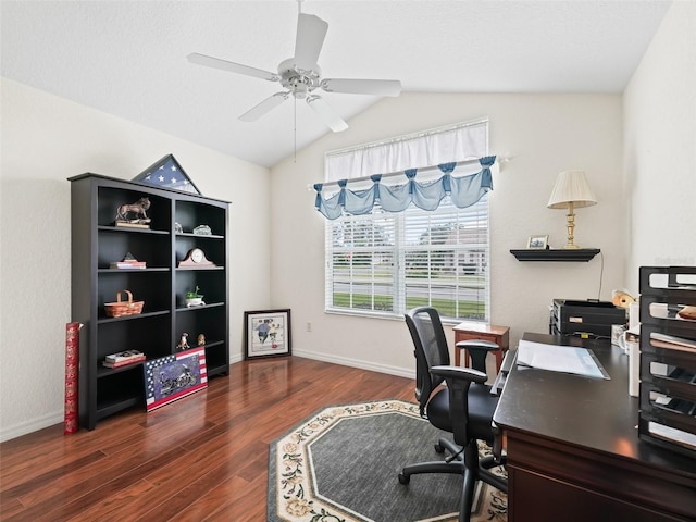 office area with ceiling fan, dark hardwood / wood-style floors, and lofted ceiling