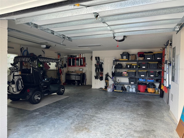 garage with a garage door opener and electric panel