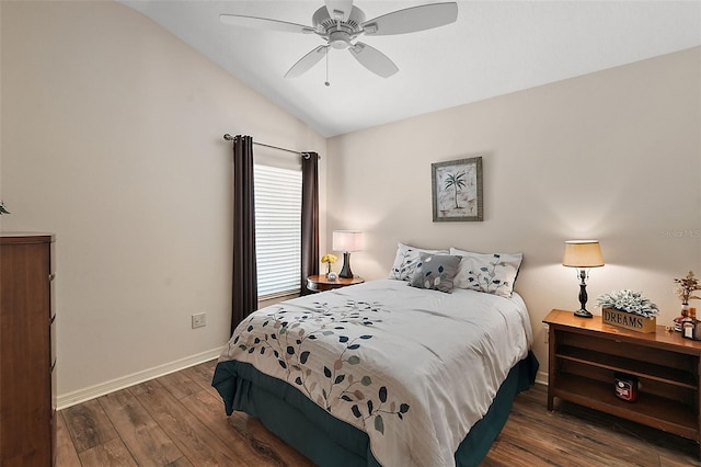 bedroom featuring dark wood-type flooring, ceiling fan, and lofted ceiling