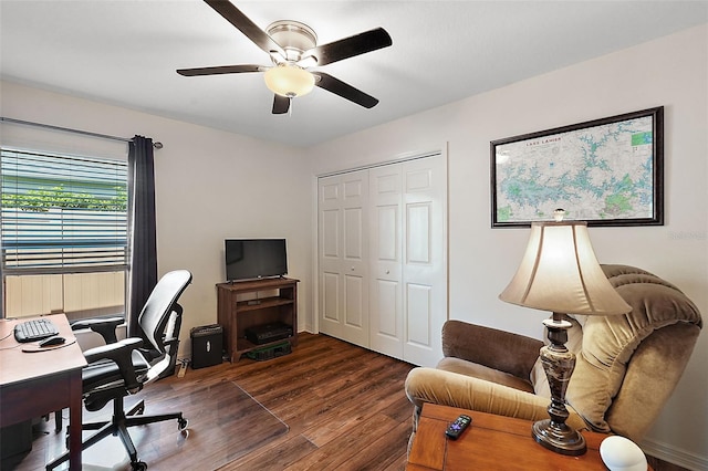 home office with ceiling fan and dark hardwood / wood-style flooring