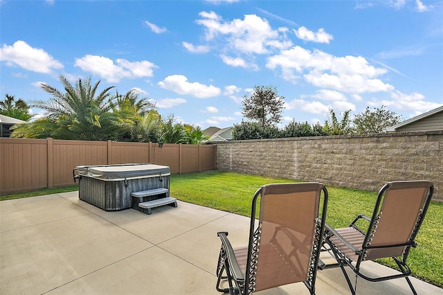 view of patio with a hot tub